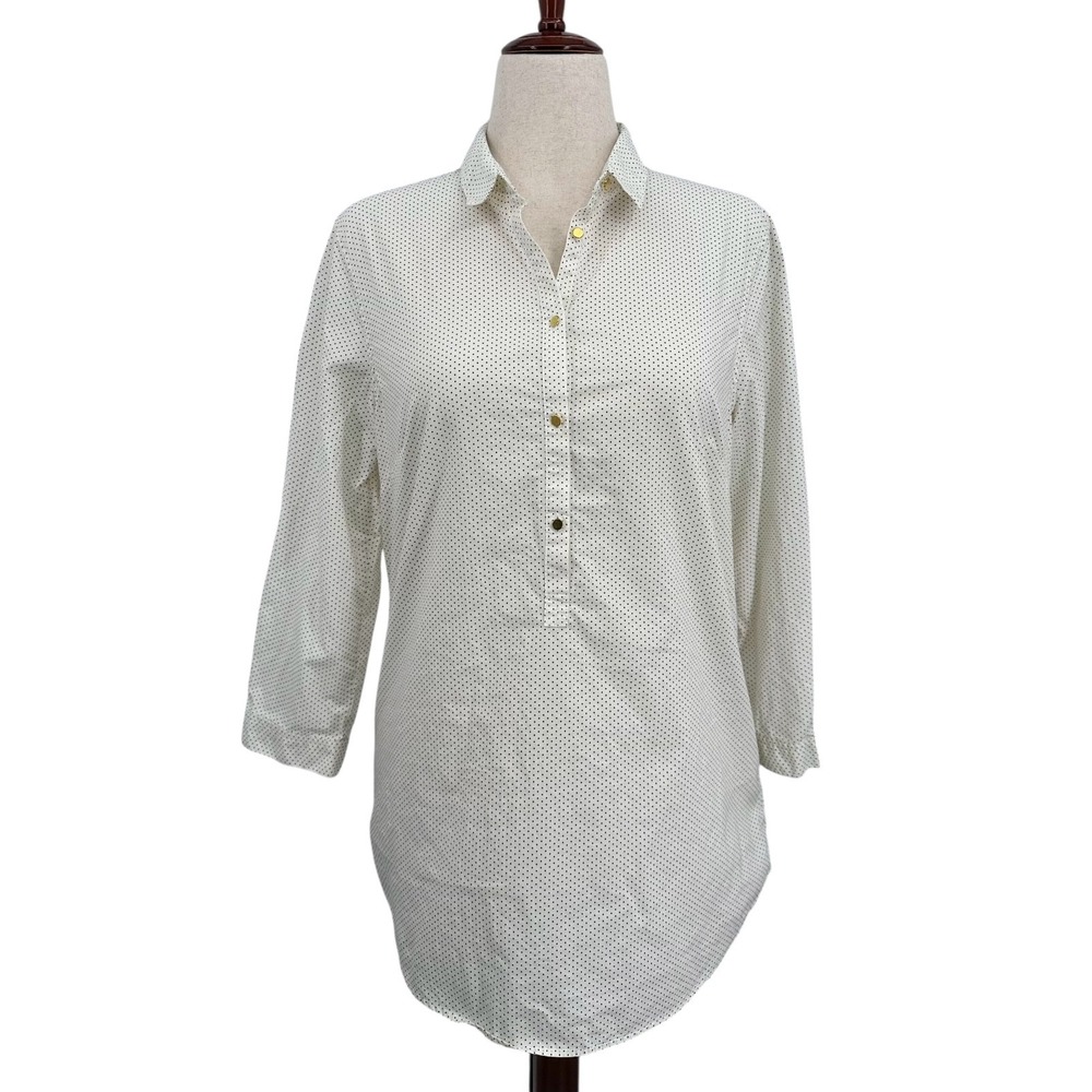 Lands' End Cotton Tunic Shirt Ivory Polka Dot Collared 3/4 Sleeve Women's 12